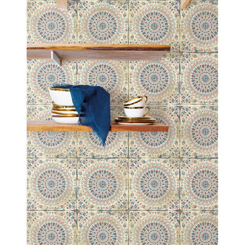 Taskın Tile 33' L x 20.5" W Wallpaper Roll, Coral/Cream/Midnight Blue