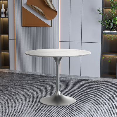 Heatherton 36" Round Dining Table with Sintered Stone Top and Brushed Silver Stainless Steel Pedestal Base Kitchen Table Seats 2-4 Person