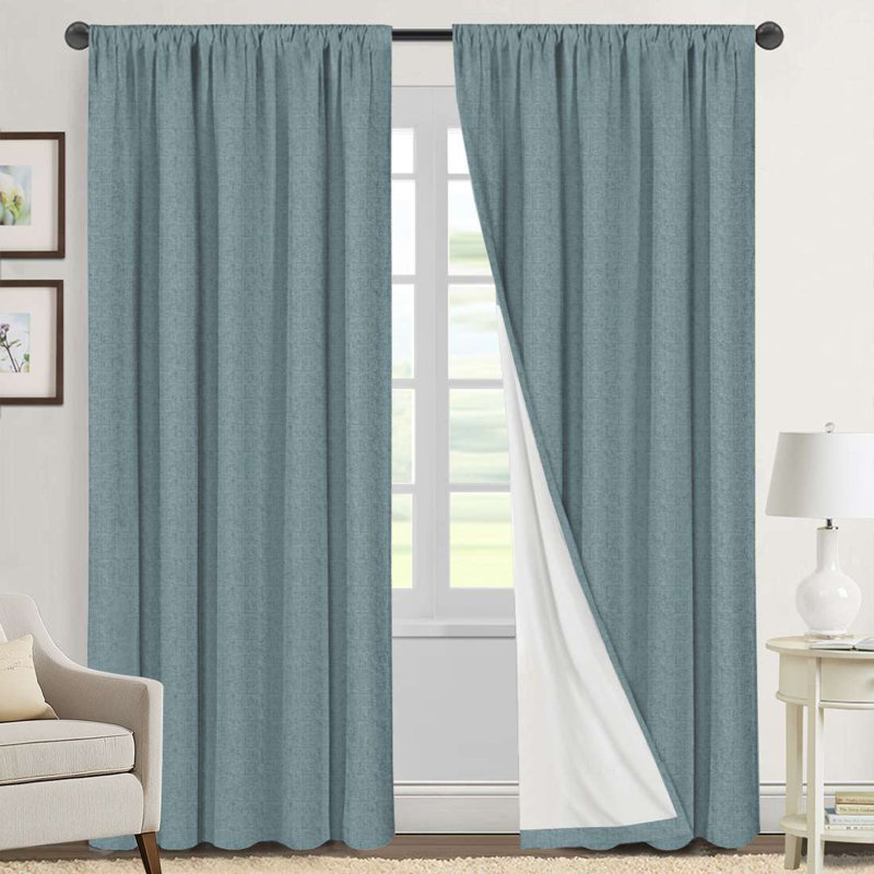 Linen Look 100% Blackout Curtains for Bedroom Full Light Blocking Rod Pocket 42 Inches Wide Linen Textured Thick Window Curtain Drapes with Backing