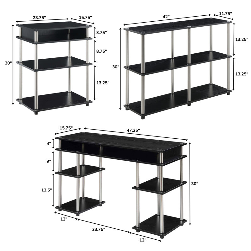 Edwin 3 Piece L-Shaped Office Set, Black