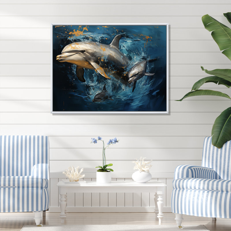 Blue Dancing Dolphines IV - impressions sur toile de dauphins, H 34 po x l 44 po x P 1,5 po, Cadre flottant blanc