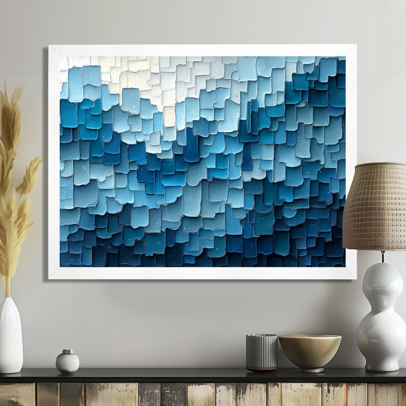 Denham Drip Paint of Blue Cubic Matrix V - Art mural peinture goutte à goutte, H 12 po x l 20 po, Avec cadre, Blanc