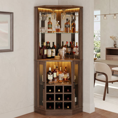 Farmhouse Corner Bar Cabinet, Modern Freestanding Wood Cabinet With Storage And Wine Holder, Tall Display Bar Cabinet With LED Lights And Mirror