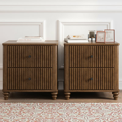 Fluted Nightstand 2-Piece Set, 21.65" Wide Side Table With 3 Drawers, Mid Century Modern Wood Nightstand With Metal Handle, Wooden Bedside End Table For Bedroom, Living Room, Closet, Walnut