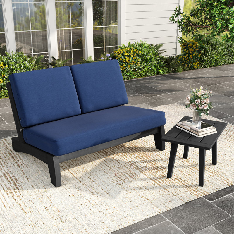 Polett Solid Wood Group Outdoor Conversation Set With Loveseat And Side Table, Navy, Black