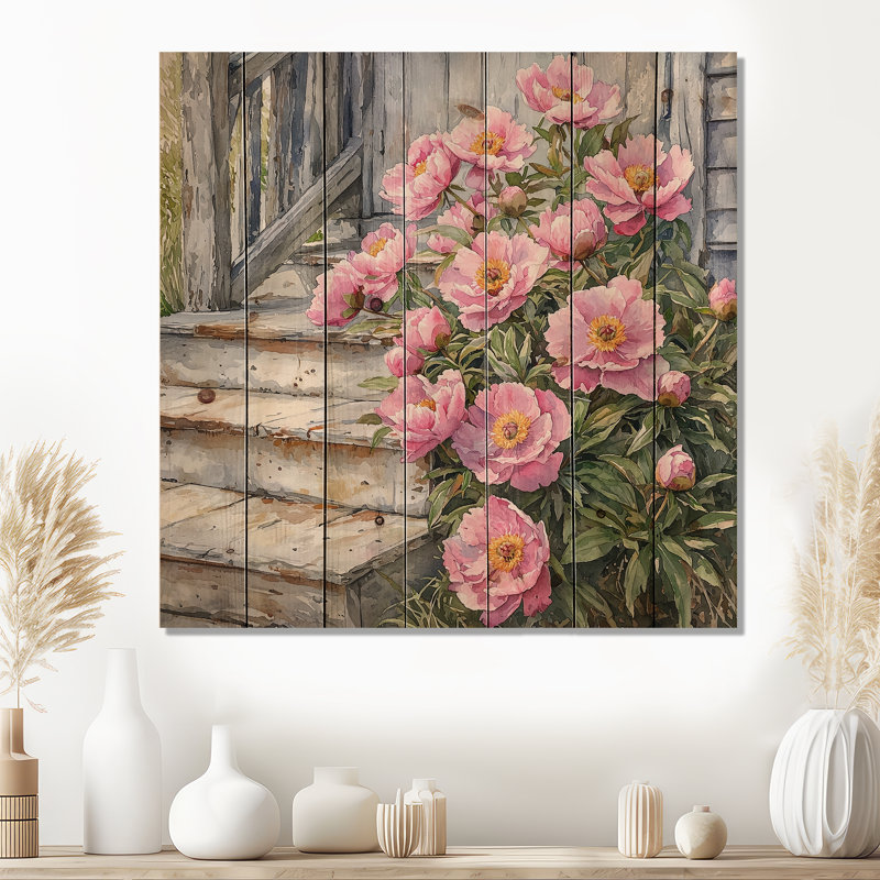 Pivoines roses par The Farmhouse Steps II - Décoration murale en bois de pivoines - sur bois de pin naturel