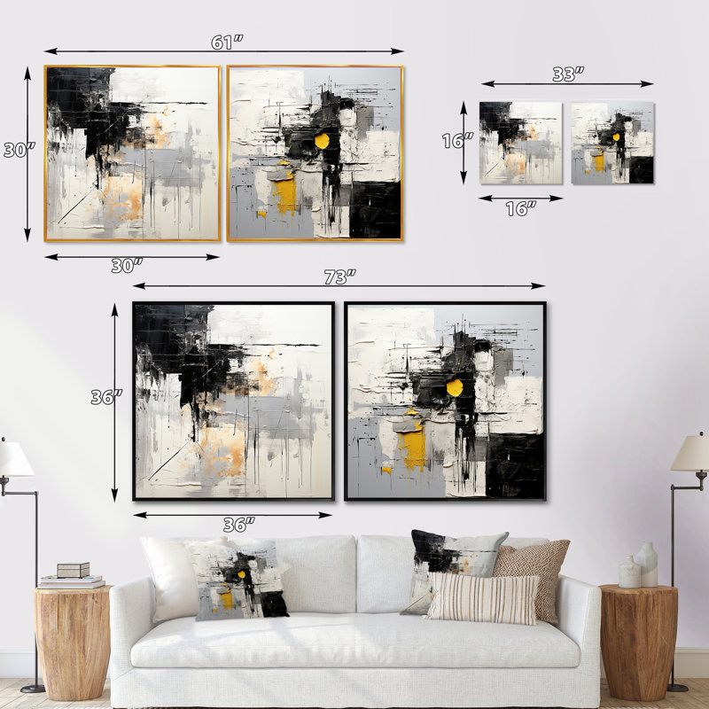 Beige et noir Divine Simplicity - ensemble de 2 collages carrés de peinture abstraite, Cadre flottant doré, H 16 po x l 33 po