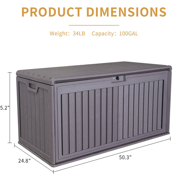 Coffre de terrasse 100 gallons - Résine, amplement d'espace pour les accessoires de piscine, résine brune verrouillable, meubles de patio et outils