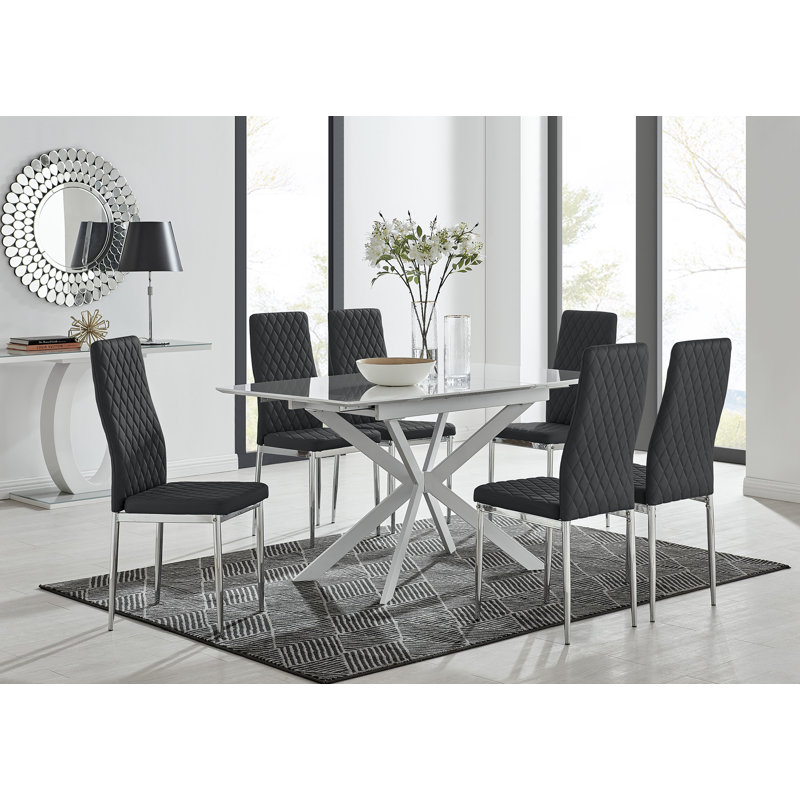 Eubanks Modern High Gloss Extendable Dining Table Set with x6 Luxury Faux Leather Dining Chairs, Black/Silver