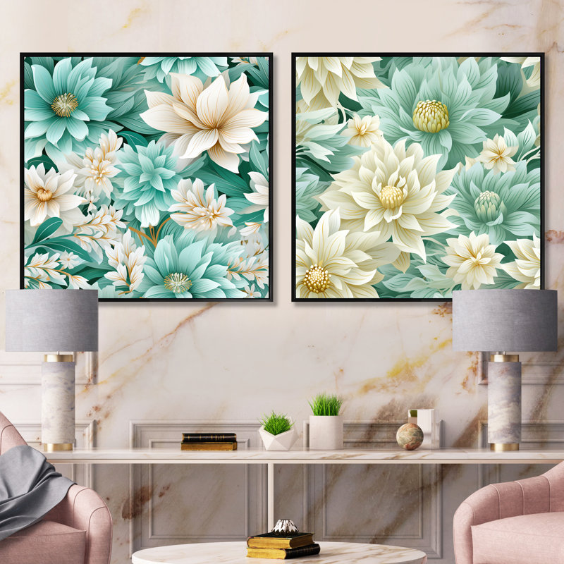 Hamel - Ensemble de 2 collages carrés floraux, Cadre flottant noir, H 16 po x l 33 po