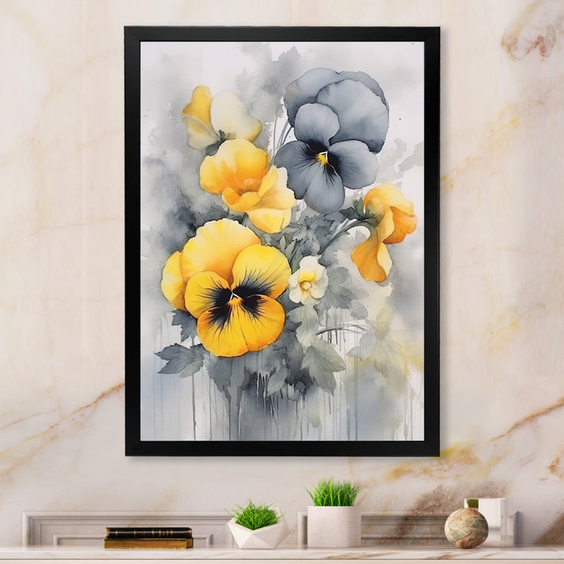 Yellow And Grey Minimalism Pansies, Black Single Picture Frame, 44" H x 34" W x 1.5" D