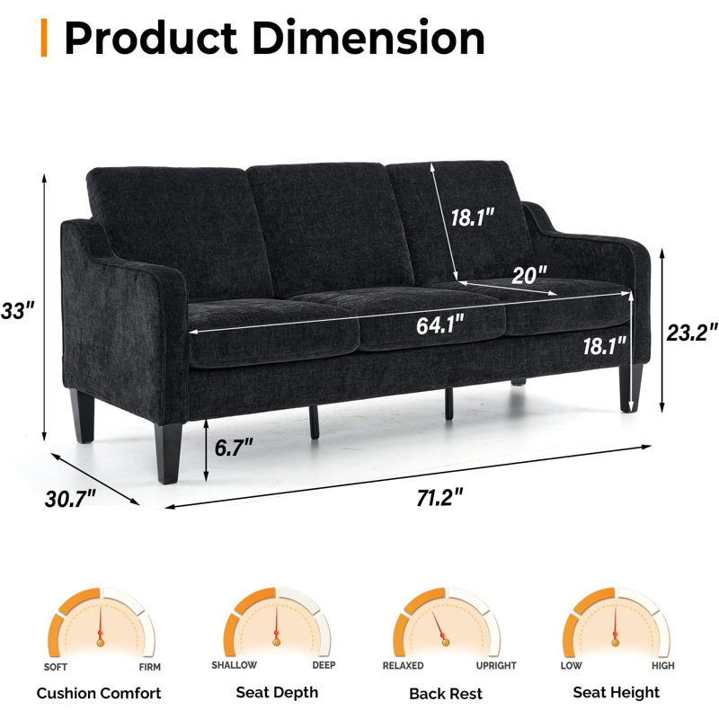 Sinica 71.2'' Upholstered 3-Seat Sofa, Black