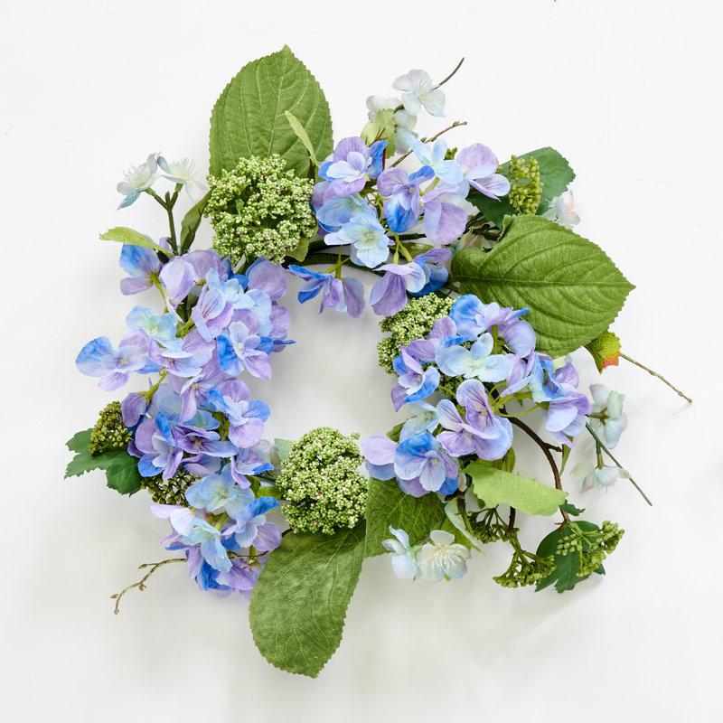 16" Artificial Hydrangea and Green Leaves Wreath, Blue