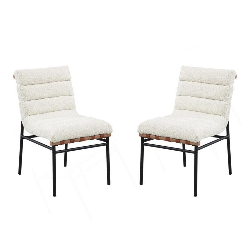 Ensemble de 2 chaises de salle à manger en tissu blanc avec pieds en fer noir, White, Blanc