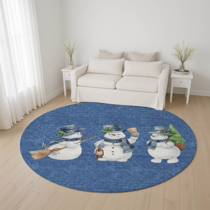 Premium Machine Washable Ingrassellino AMF1826 Happy Snowmen Holiday Rug, Round 8'