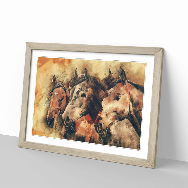 Trio of Horses in Abstract - Framed Print, Oak, 50cm H x 76cm W x 2cm D
