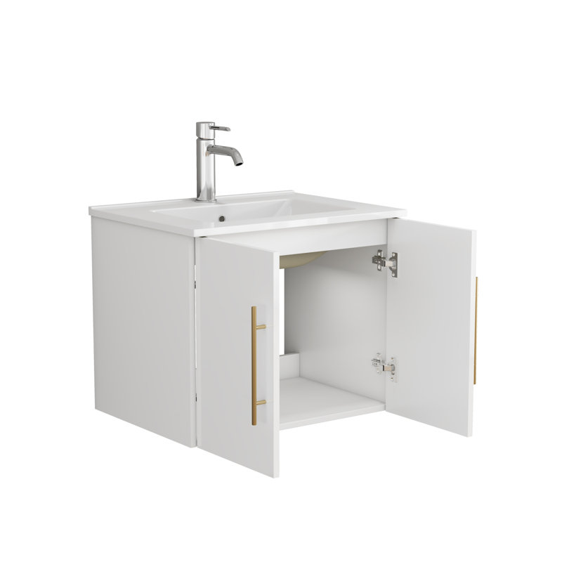Meuble-lavabo mural double avec lavabo en céramique, Blanc