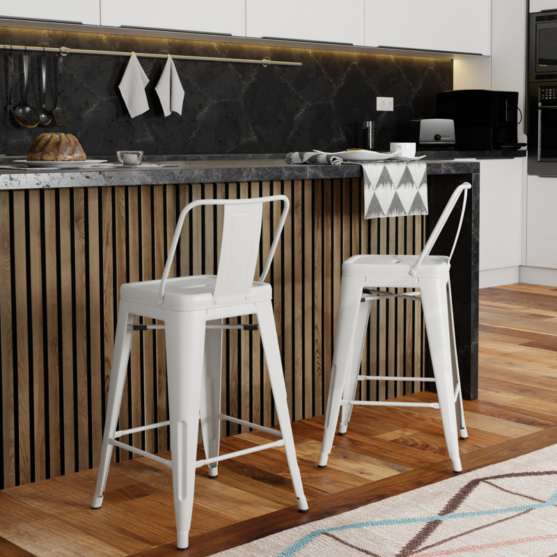 Tabouret de comptoir 24 po en métal de 24 po blanc - Design moderne avec dossier et repose-pieds incurvés pour un soutien imbattable, hauteur confort (2), finition élégante de style industriel