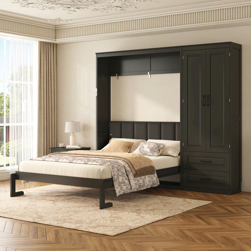 Grand lit escamotable avec garde-robe et tiroirs de rangement, tête de lit tapissier, Black