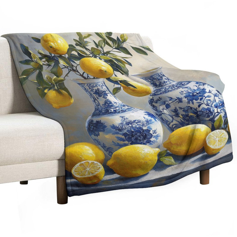 Jeté en flanelle de citrons dans des vases bleus, 60 x 80 po