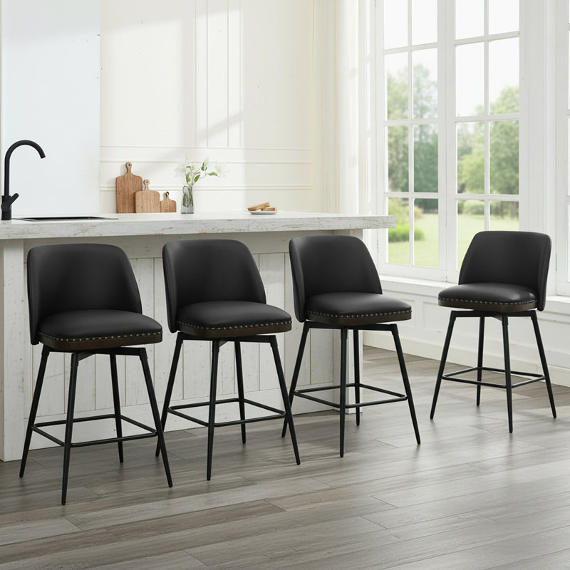 Modern 26" Swivel Faux Leather Upholstered Counter Stool with Wood Trim, Black, 4