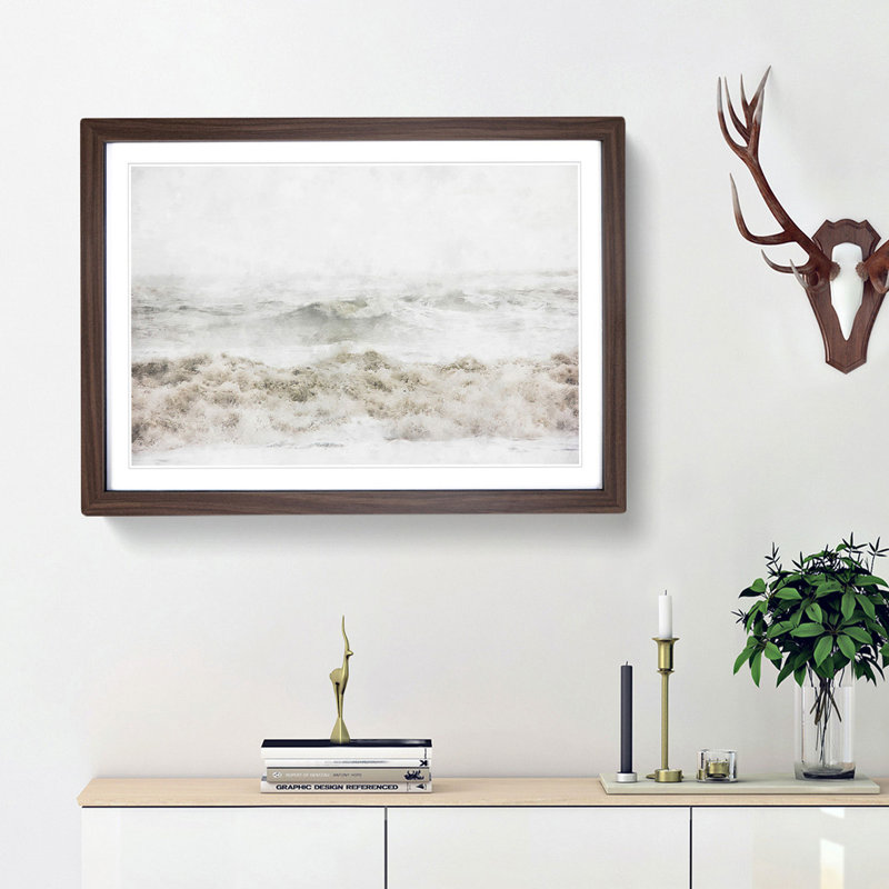 Sea Waves in Iceland - Picture Frame Painting Print, 45cm H x 63cm W x 2cm D, Walnut Framed