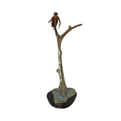 Colored Monkey Resting on a Tree Bronze Statue - Size: 12"L x 13"W x 27"H.