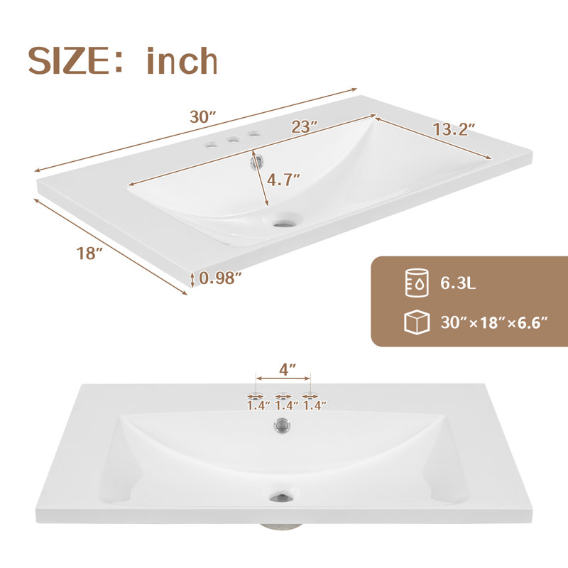 Plan de toilette en céramique blanche, 76 cm (30 po), poids du colis : 14,4 kg (31,75 lb), hauteur : 17,1 cm (6,74 po), dimensions du plateau : 45,7 cm (18 po) de largeur x 16,8 cm (6,6 po) de hauteur, 3 trous de fixation.