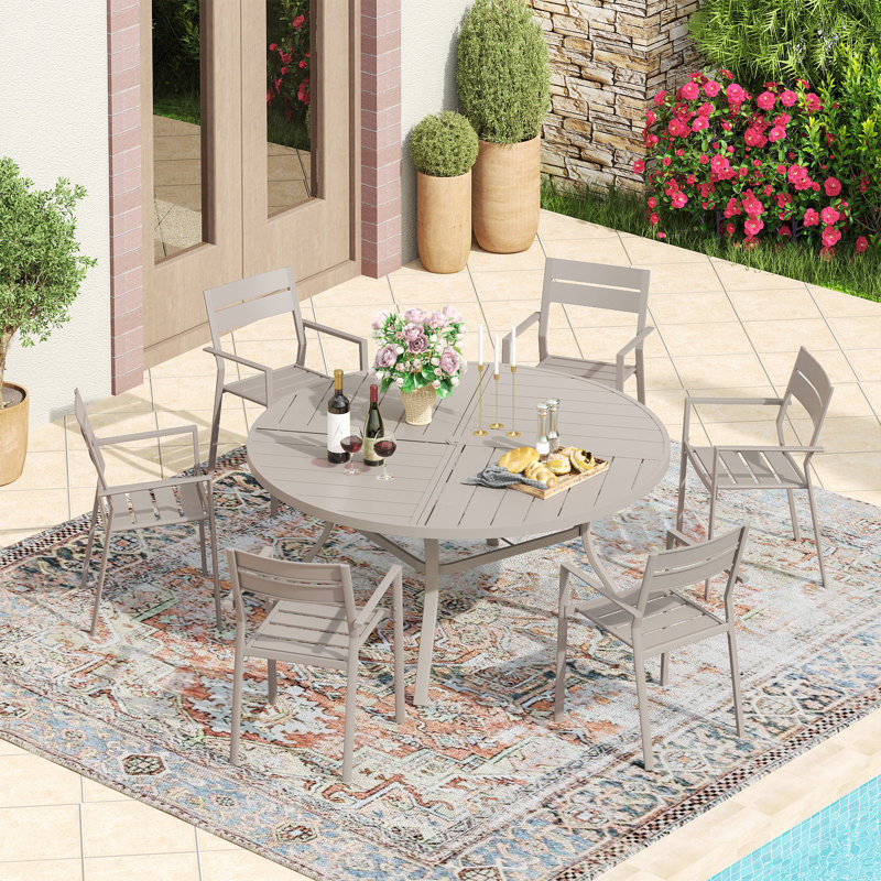 6-Person Patio Dining Set with 50“ Round Metal Dining Table and 6 Stackable Armrest Chairs, Cream/Cream