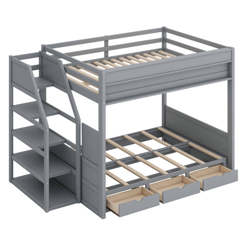 Lit superposé convertible en bois avec escalier de rangement, table de chevet et 3 tiroirs, Gris