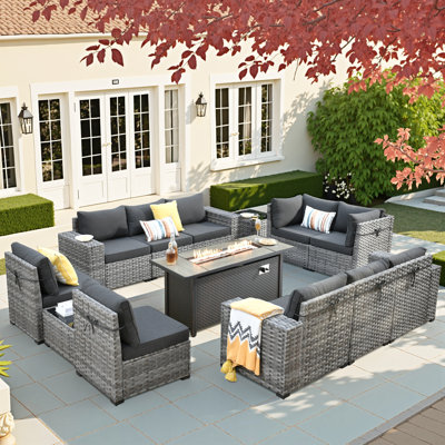 Bobia 13-piece Modular Outdoor Wicker Sectional Sofa Set With Propane Fire Pit Table, Wide Armrests, Rattan Patio Conversation Set With Coffee Table A