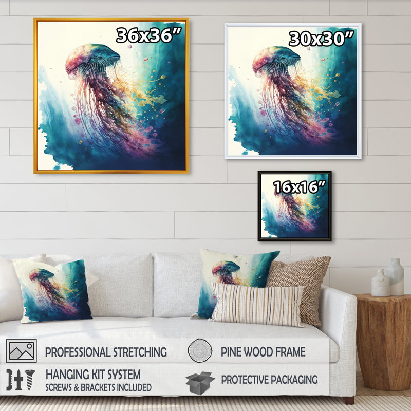 Denekia, méduse profonde colorée V - poisson, art mural, L 16 po x H 16 po, Cadre flottant noir