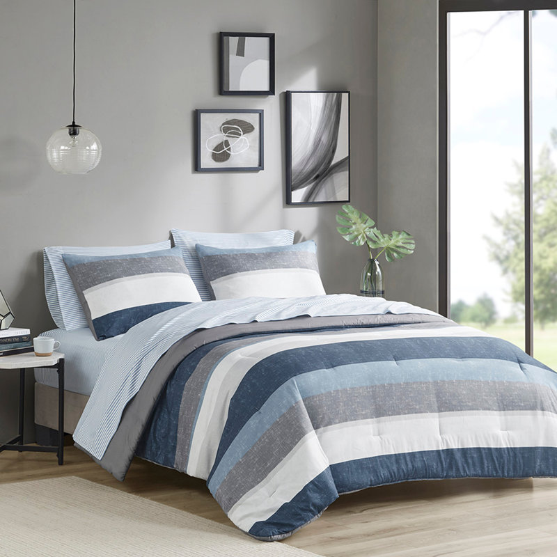 Ensemble d'édredon à rayures avec draps bleu / gris