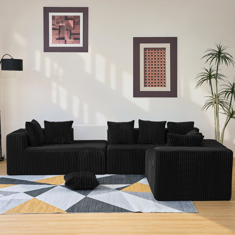 4 velours côtelé modulaire réversible en forme de U noir, personnalisable pour un espace de vie, sans assemblage, avec accoudoirs carrés