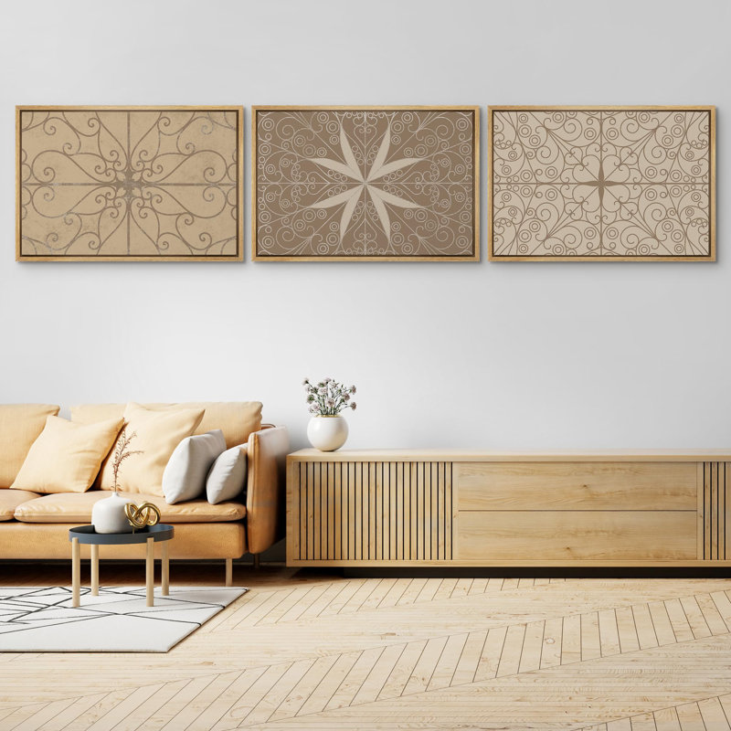 Geometric Line " Ironwork Elegant Tan And Brown Vintage Rustic " 3 - Pieces, Natural Framed, 24" H x 36" W