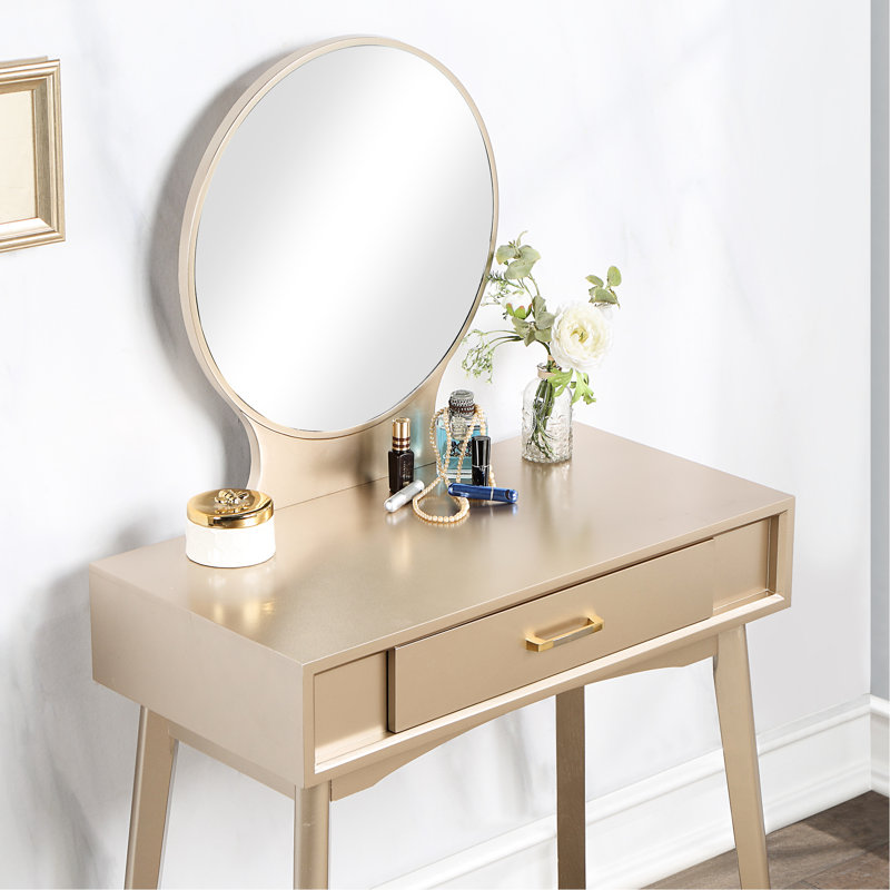 Contemporary Gold Vanity - With Stool, Mirror And Storage Feature Modern Stool , Wood Frame With Drawer For Photography, Gold