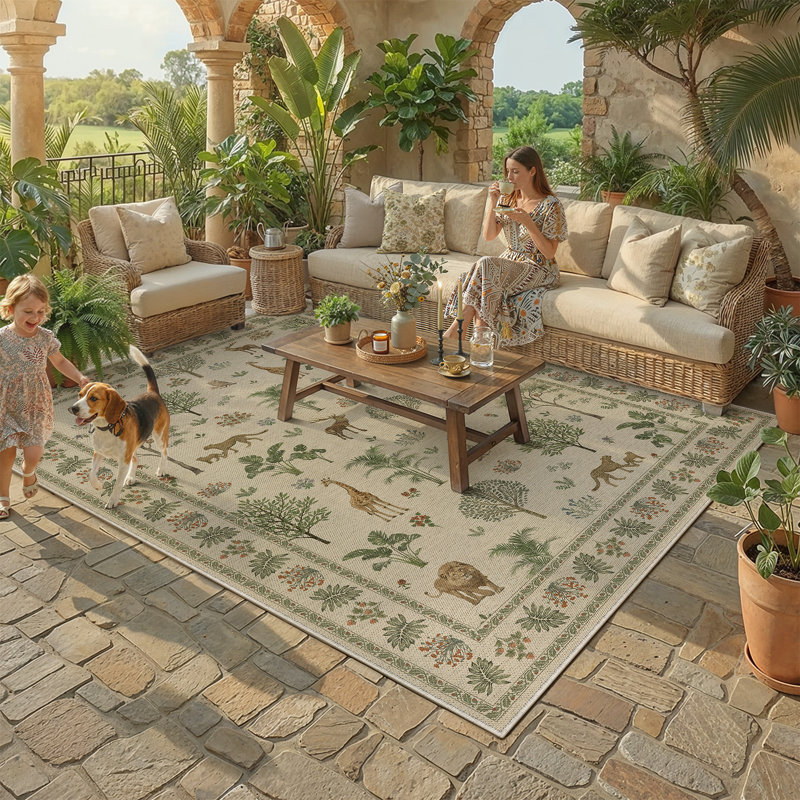 Sofia Wildlife Pattern Washable Faux Linen Area Rug With Non-Slip Backing, Rectangle 8' x 10'