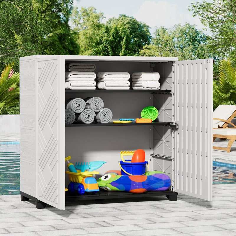 Kinying Outdoor Storage Cabinet Waterproof, Resin Outdoor Storage Box With 2 Shelves For Garden/Patio/Bathroom, All Weather Outdoor Storage Shed
