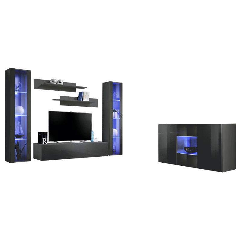 Achna 75.5" Modern Floating Wall Mounted Entertainment Center with 16-Color LED Lighting, High Gloss Finish, Wall-Mounted