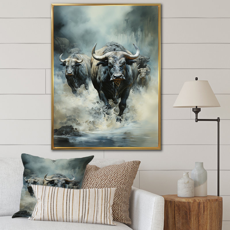 Kemaria, Afrique, Buffalo Migre II, reproduction sur toile, H 44 po x l 34 po x P 1,5 po, Cadre flottant doré