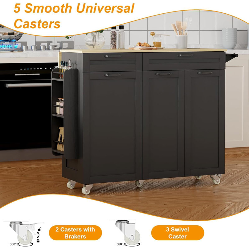 Îlot de cuisine roulant avec rangement pour poubelle, chariot d'îlot de cuisine mobile avec prise de courant et abattant, support à épices et porte-serviettes, porte-couteaux, rangement pour table d'îlot de cuisine
