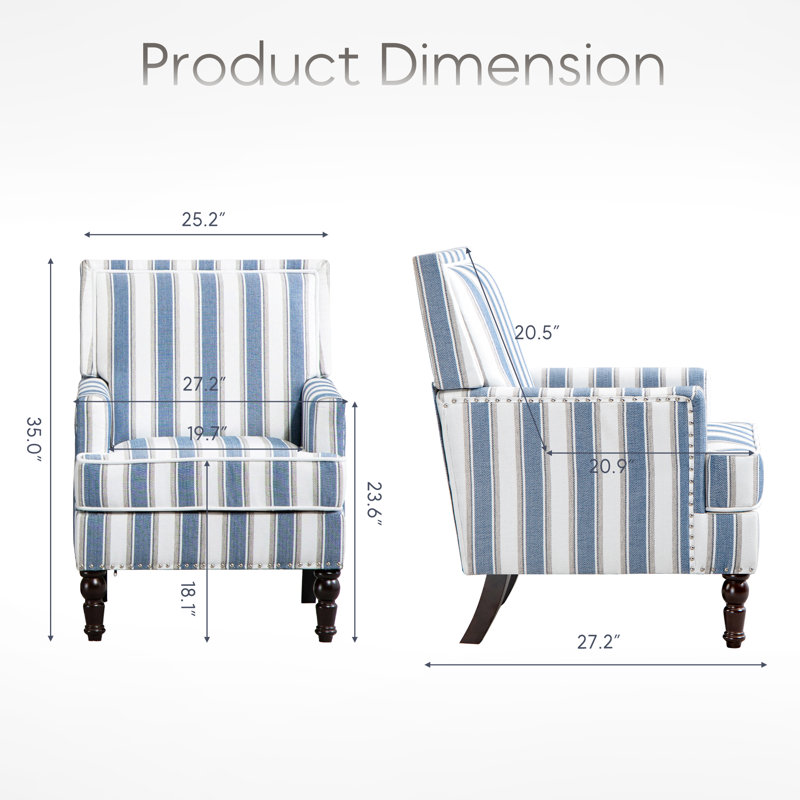 Chaise d'appoint rembourrée avec structure en bois massif et pieds tournés, Lin rayé bleu / blanc