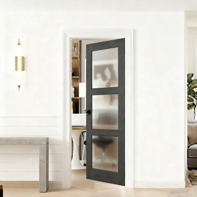 Slab Door - 3 Lite Frosted Glass Black Textured MDF Interior Door With Black Round Knob And Lock Version 24" X 80" (Installation Required)