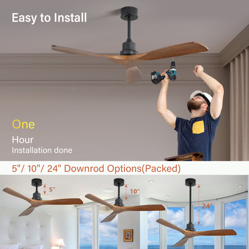Sofucor Kemp 52" 3-Solid Wood Blade Classic Ceiling Fan with Remote Control and no Lights, Black with Brown Blades
