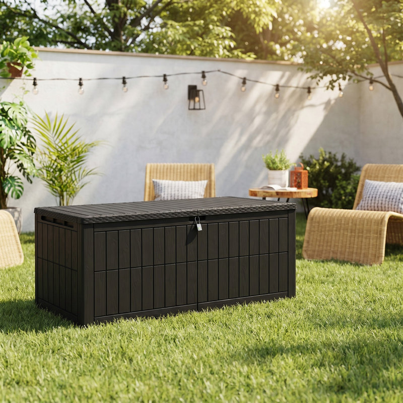Balconera 200 Gallon Resin Outdoor Deck Box With Lock, Light Brown, 200