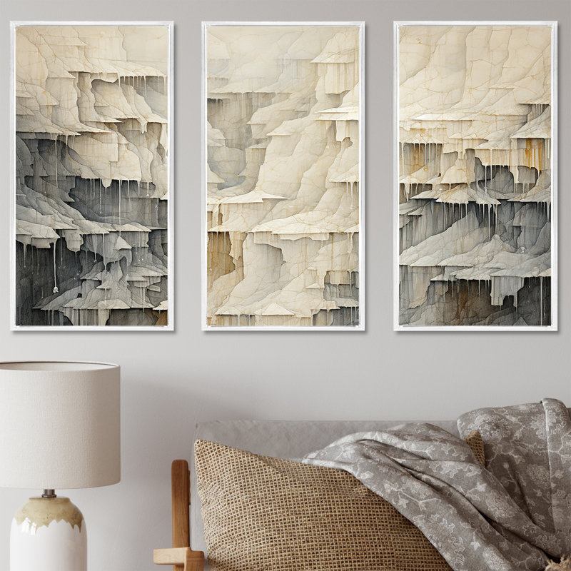 Beige et gris, simple cascade de falaise, H 40 po x l 60 po x P 1 po, Cadre flottant blanc