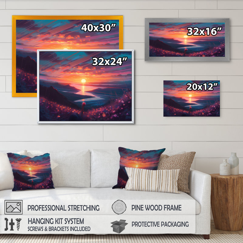Magnifique coucher de soleil sur le lac et les montagnes II, H 16 po x l 32 po x P 1 po, Encadrement doré