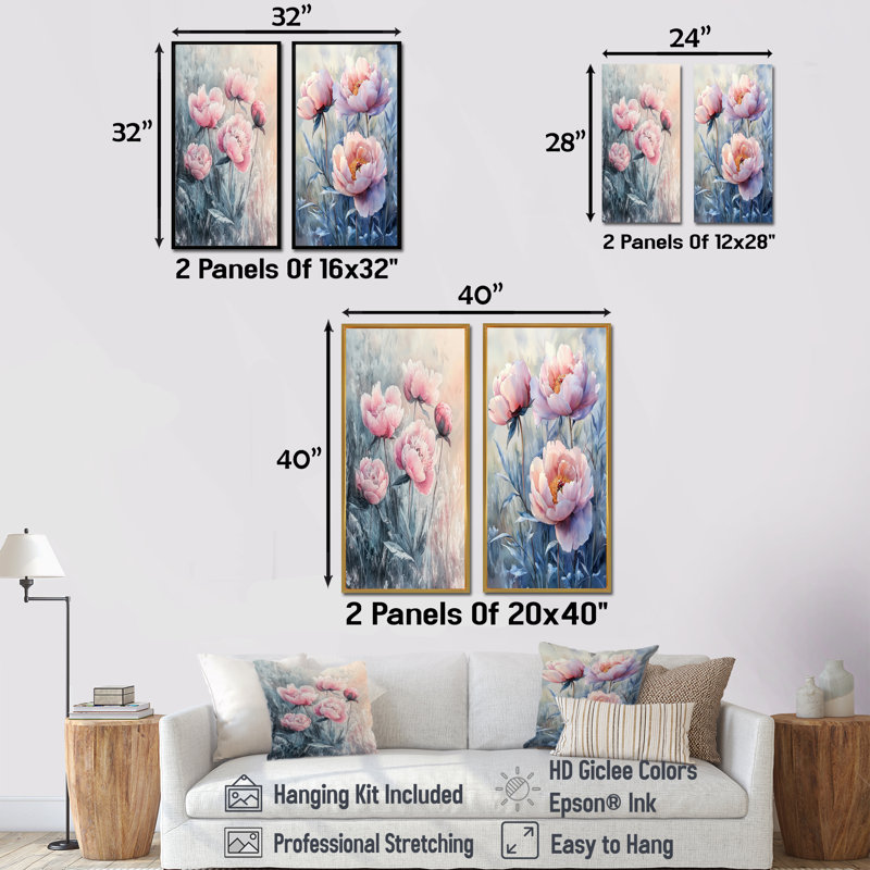 Frosty champ pivoines élégance I - Art mural floral, collection 2 panneaux, H 40 po x l 41 po, Cadre flottant doré