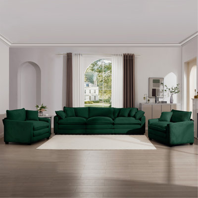 Luxurious And Sophisticated Sofa Set With Soft Cushions And Pillows, Home For Living Rooms And Clubs As Well As Home Theaters, Consisting Of Two Single Sofas And A 3-Seater Sofas In Green Corduroy Fab