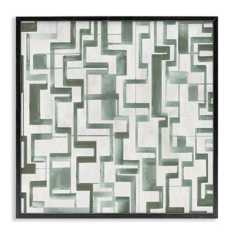 Giclée encadrée de labyrinthe géométrique vert, design par Hannah Dawson, Giclée encadrée noir minuit, H 12 po x l 12 po